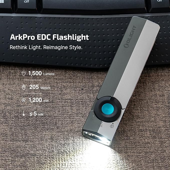 OLIGHT ArkPro EDC Flat Flashlight Rechargeable with Green Beam, UV and White LED,1500 Lumens USB-C Pocket Camping Flashlight, Spotlight Floodlight for Outdoor Emergency (Dual Tone Silver Graphite CW)