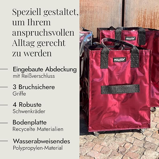 (Medium, Cosmic Red) Reusable Grocery Bag On Wheels, Shopping Trolley, Rolling Tote, Zipper Closure, Lightweight, Carries Up to 66 lb, Folds Flat, Unbreakable Handles