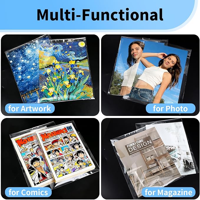 50 Pack 8x10 Photo Sleeves - Acid Free 1.57 mil (Single Side) Thick Heavy Duty Clear Plastic Bags Self Adhesive Crystal Clear Plastic Sleeves for Paper Cardstock Photo Prints 8x10