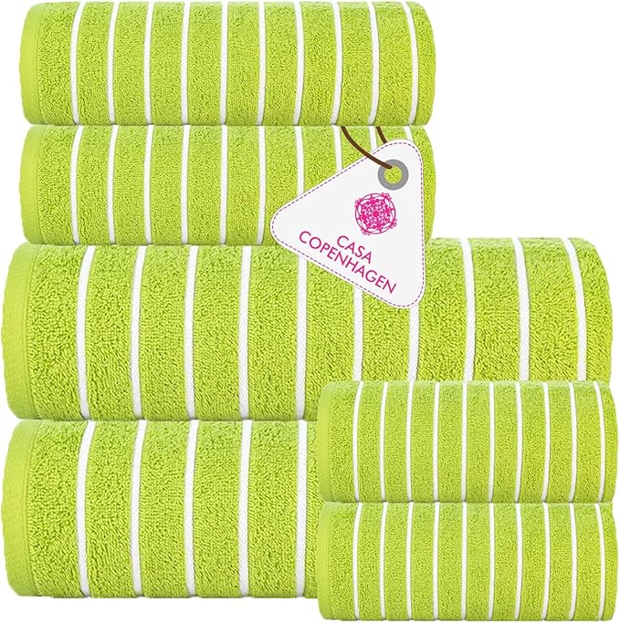 CASA COPENHAGEN Ecstatic 6Pcs 100% Egyptian Cotton Large Designer Towels Gift Set- Lime Green, 600GSM, 2Bath 2Hand 2Washcloths, Bath Towels for Bathroom Set for Women & Men