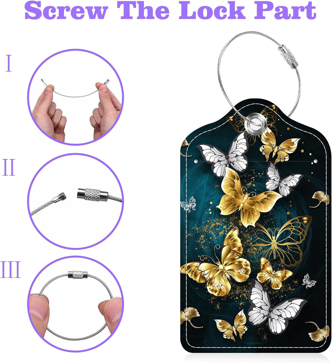 Set of 2 Luggage Tags Golden and White Butterfly Leather Suitcases Tag with Privacy Cover Stainless Steel Loop and Address Card for Women Men Travel