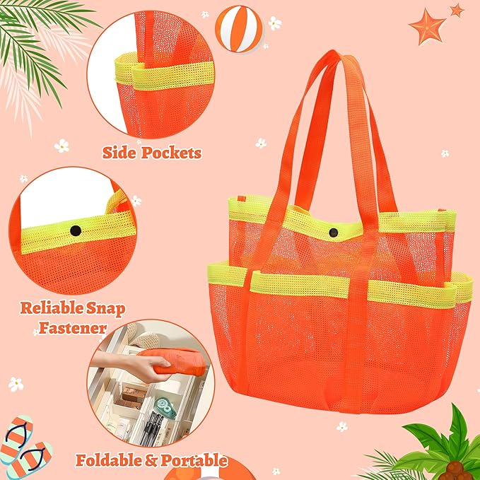 Mesh Beach Bag, Foldable Waterproof Sandproof Beach Storage Tote with 6 Pockets, Swim Tropical Vacation Pool Essential