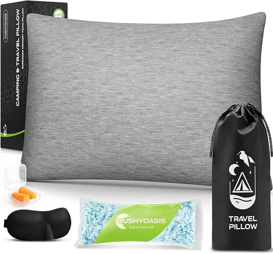 All-in-1 Travel Pillow Set - Shredded Memory Foam Neck Pillow Camping Pillow with Eye Mask, Earplugs, Washable Cover, Compact for Backpacking, Camping, Flights, Car Travel (Large Size)