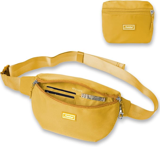 The Foldie Foldable Crossbody Bags for Women & Men - Anti-Theft RFID-Safe Fanny Pack with Smart Lockable Zippers and Cut-Resistant Strap - Lightweight Waist Pack for Travel & Everyday Use - Yellow