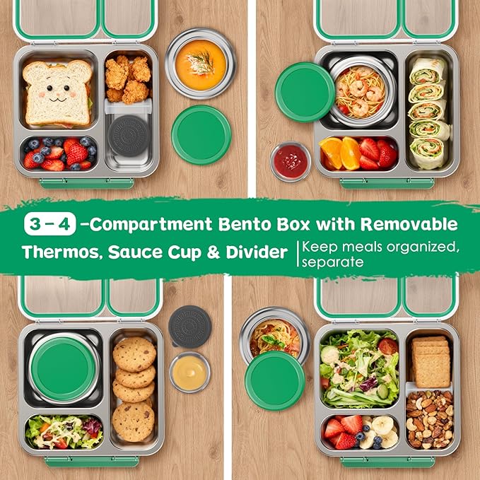 Stainless Steel Bento Box Kids Adult with 7oz Insulated Food Jar, Transparent Lid Metal Lunch Box With Soup Thermal Jar, Lunch Box Container with Removable Divider & Sauce Cup School (Green)