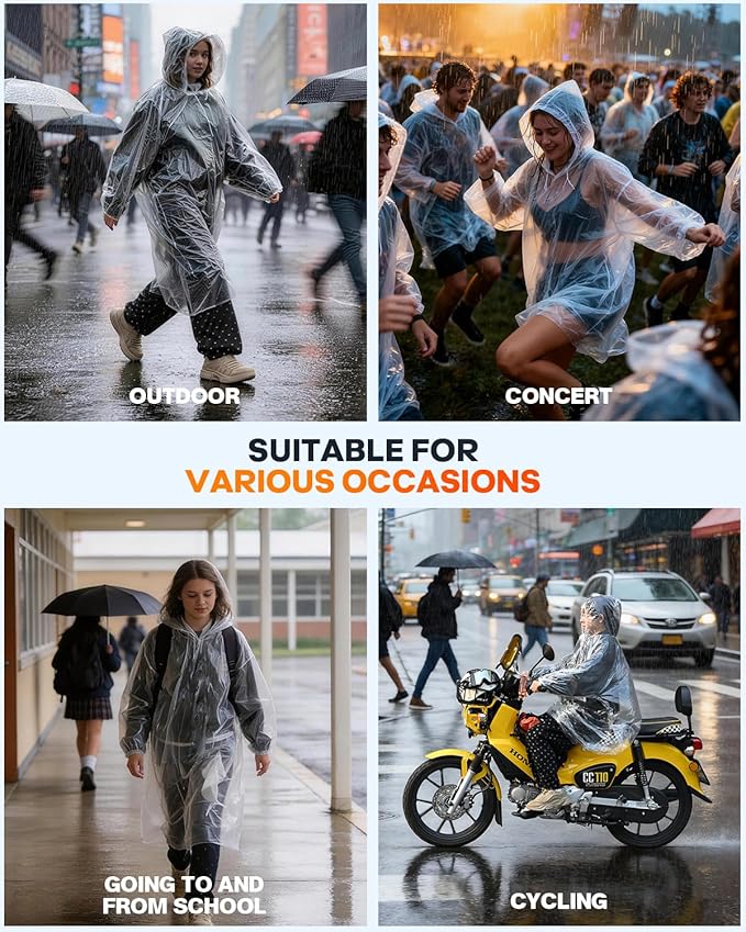 Disposable Rain Ponchos, 6 Pack Family Pack for Adults, 1MIL Thick Clear Emergency Raincoat with Drawstring Hood and Elastic Cuffs, Waterproof Rain Gear for Theme Parks Travel, and Camping