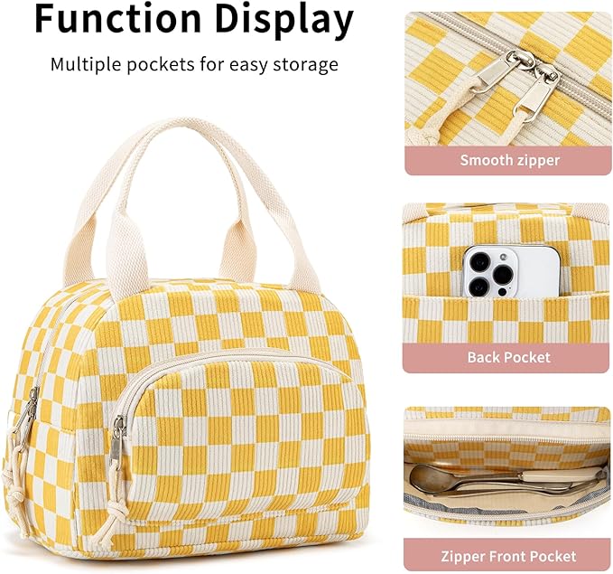 Lunch Bag Women Lunch Box for Women Adult Cute Insulated Lunch Bag Small Cooler Lunch Tote Bags for Work Picnic School (Beige-Yellow Plaid)