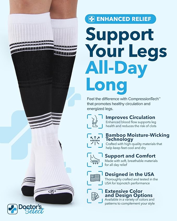Doctor's Select Bamboo Viscose Light Compression Socks for Women & Men - 3 Pairs, 8-15 mmHg Compression Socks, Knee High