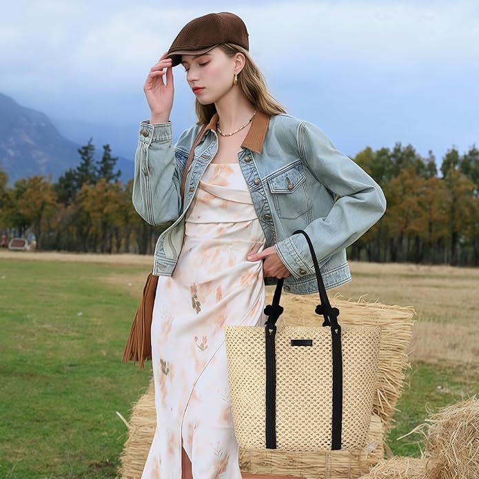 Straw Bags For Women, Crochet Beach Bag Large Woven Shoulder Purse Handbag, Beach Tote Straw Bag for Summer Vacation