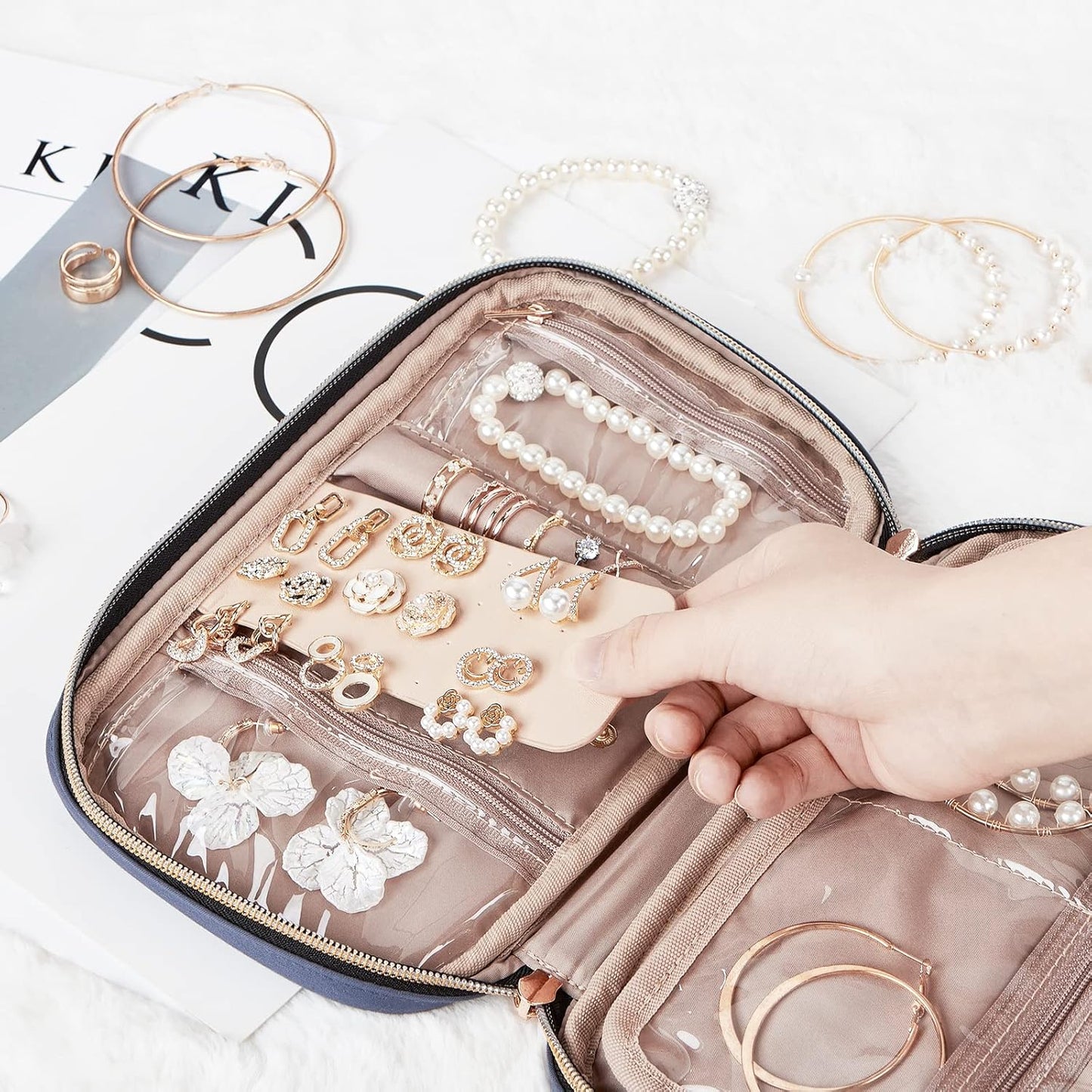 NISHEL Travel Jewelry Case, Holiday Organizer for Necklaces, Earrings, Rings, Bracelets, Watch, Aegean-Blue