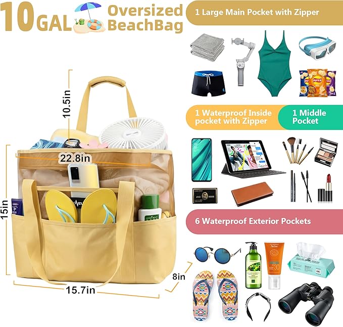 Mesh Beach Bag - Large Waterproof Beach Tote Bag with Zipper, Oversized Foldable Lightweight Family Swim Bag Vacation