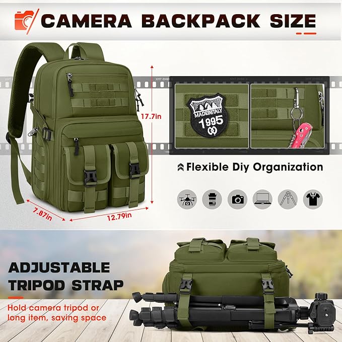 RAINSMORE Camera Bag Backpack for DSLR/SLR/Mirrorless Camera Bags for Photographers 15.6 Inch Waterproof Tactical Photography Backpack Case with Rain Cover & Tripod Holder, Army green