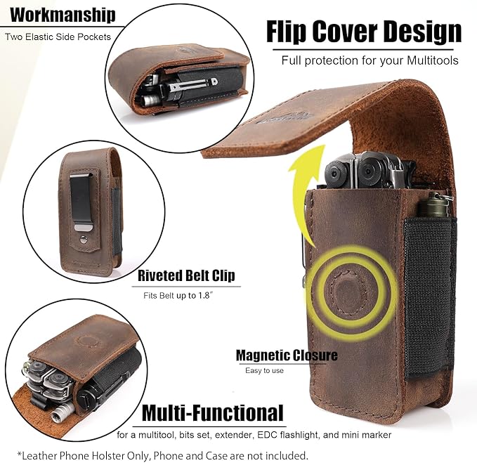 Topstache Multitool Sheath for Men - Belt Leather Multitool Holster - EDC Belt Organizer for Leatherman, Gerber - Magnetic Closure Multitool Pouch Fits Folding Tool, Darkbrown