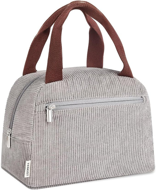 Cute Lunch Box Tote Bag - CoolerCorduroy Insulated Bags for Women - Lightweight Reusable Portable Soft Lunch Pail Kit for Kids Teen Girl Adults Work School Picnic Travel Grey 8L