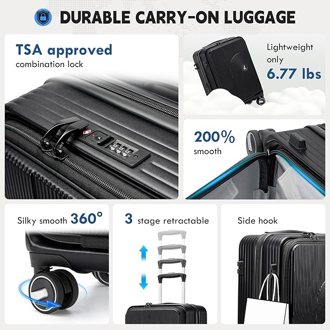 RAINSMORE Carry on Luggage 20 Inch Expandable, Airline Approved Carry on Suitcase with Front Compartment & Top Opening Hard Shell Rolling Travel Luggage with TSA Lock & Spinner Wheels, Black