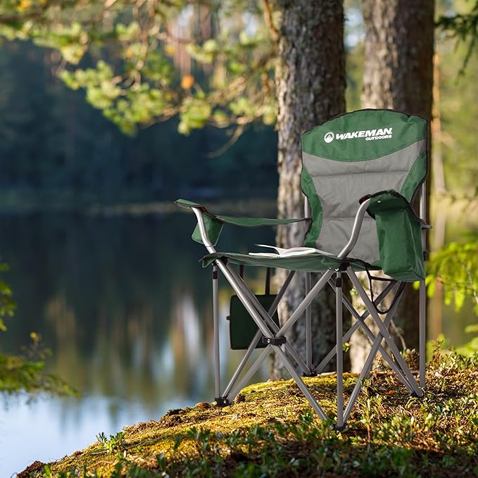 Oversized Camping Chair 300lbs - Heavy Duty Folding Chair with Cooler Pouch and Carry Bag for Camp Sites, Tailgates, or Beach by Wakeman (Green)