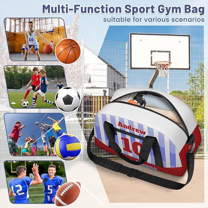 Basketball Soccer Gifts for Boys Girls - Custom Sports Duffle Bag, Personalized Name & Team Bag, Water-Resistant Gym Bag for Basketball, Soccer, Volleyball | Y-Cyan Red