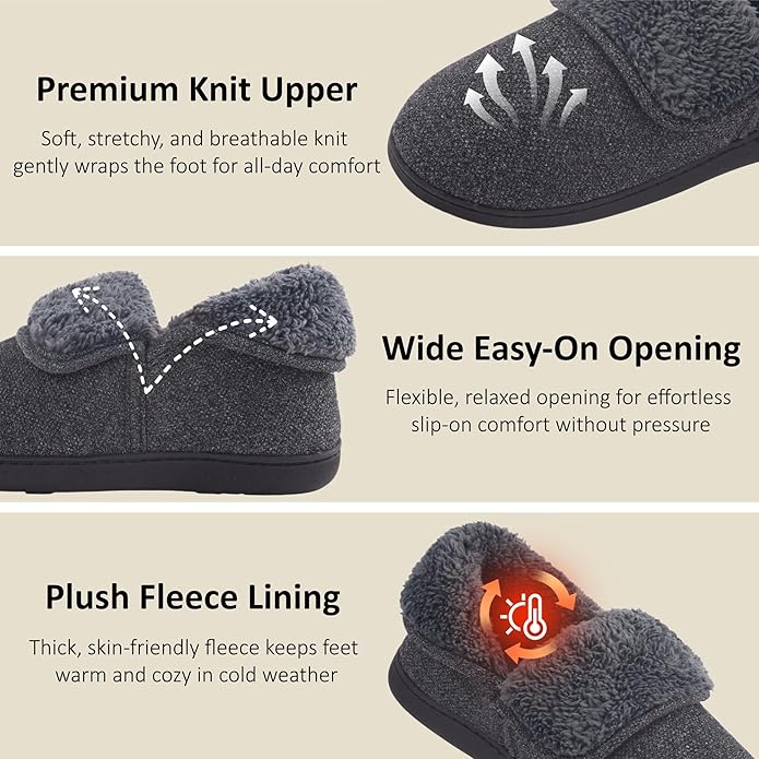 Men’s Knit Bootie Slippers Warm Fold-Over Ankle Collar Plush Fleece Lined Memory Foam House Shoes Cozy Winter Non-Slip Indoor Outdoor Slippers for Men
