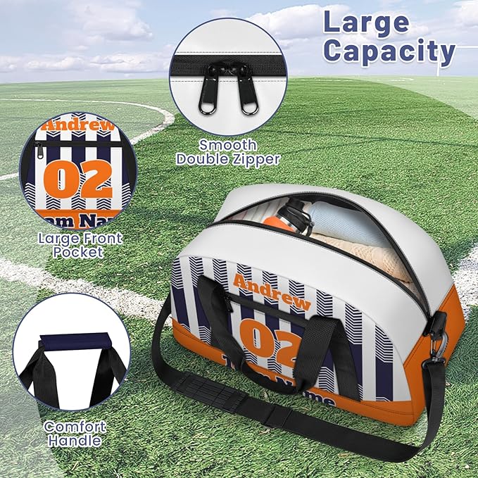 Basketball Soccer Gifts for Boys Girls - Custom Sports Duffle Bag, Personalized Name & Team Bag, Water-Resistant Gym Bag for Basketball, Soccer, Volleyball | Y-Navy Orange