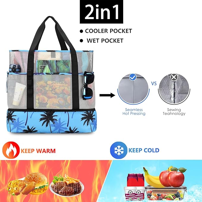 Beach Bag with Cooler,Mesh Beach Bags for Women Sandproof for Pool and Swimming Travel Daily with Durable 8 Pocket