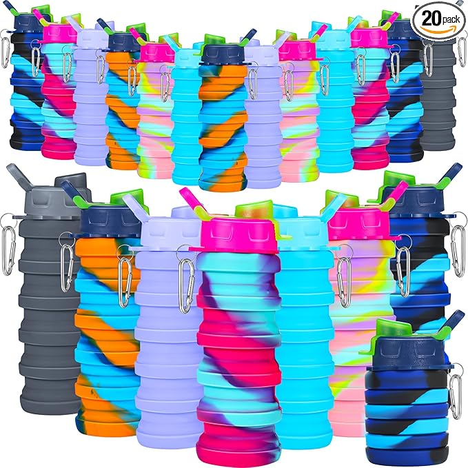 Sunnyray Collapsible Water Bottles Bulk Foldable Water Bottles 17oz Silicone Portable Leak Proof Reusable Sports with Clip for Travel Hiking Camping Outdoor (Camouflage,20 Pack)