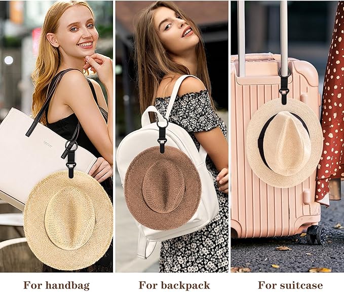 Niveaya Hat Clip for Travel on Bag - 2 Pack, Vacation Beach Cruise Essentials Accessory for Travel Handbag Backpack Luggage, Securely Hold to Keep Hat Shaped, Hands-Free, Black+Purple