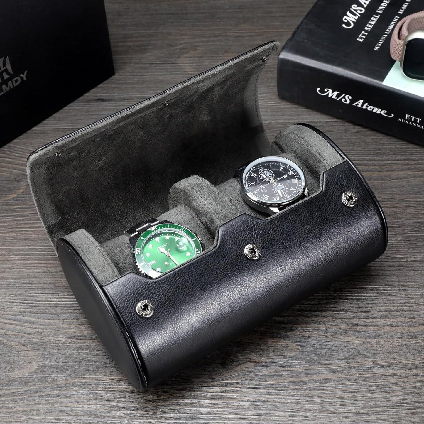 Travel Watch Case - Two Watch Roll Storage Box Organizer for Men's Women's Wristwatches & Smart Watches up to 50mm (Black / 2 Slot)