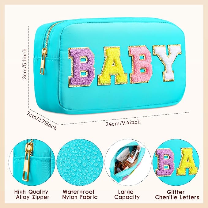 Sanwuta 2 Pieces Mama Gifts Makeup Bag Mom Pouch Birthday Gifts Nylon Cosmetic Bag Mothers Day Appreciation Toiletry Preppy Patch Chenille Letter for Women Her New Mom(Pink, Blue,Baby and Mama)