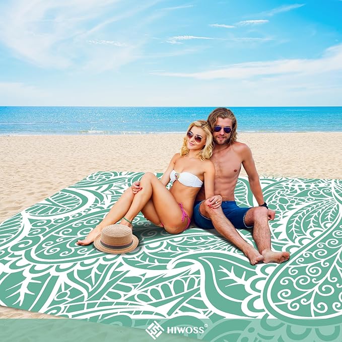 Beach Blanket Waterproof Sandproof Oversized 95”x 80”,Sand Free Beach Mat with Corner Pockets,Portable Mesh Bag for Beach Festival,Picnic,Travel and Outdoor Camping (Greenleaf)