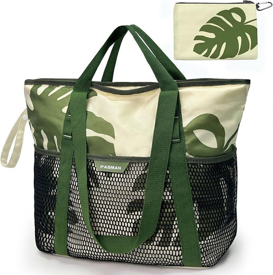 Large Beach Bag with Zipper-8 Pockets Sandproof Beach Tote Bag for Women,Foldable Lightweight Family Swim Bag Vacation