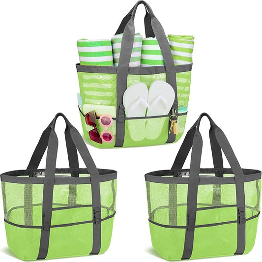 Hillban Large Beach Mesh Bags Bulk for Women Beach Tote Bag with 8 Pocket Zipper Waterproof Sandproof for Pool Cruise Ship