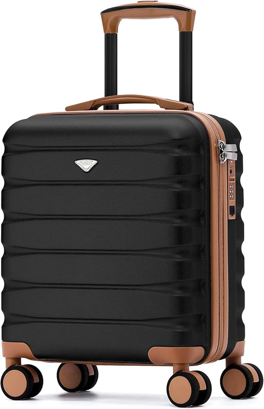 Flight Knight Carry On Suitcase 18x14x8 Hardside Built In TSA Lock USB Port Lightweight Luggage Silent Double Spinner Wheels Maximum Underseat Carry-On Bag For American United Approved Black/Tan