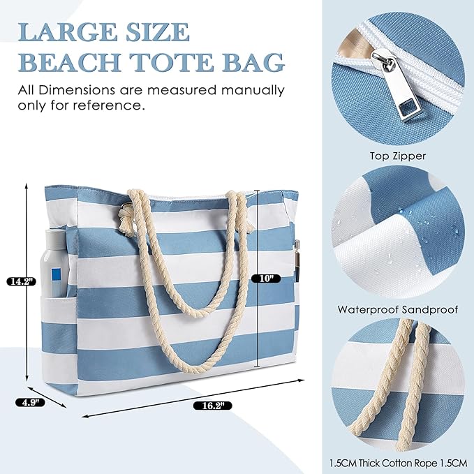 Pleneal Beach Bags For Women - Large Beach Bags with Zipper Waterproof Sandproof Swim Pool Beach Bag