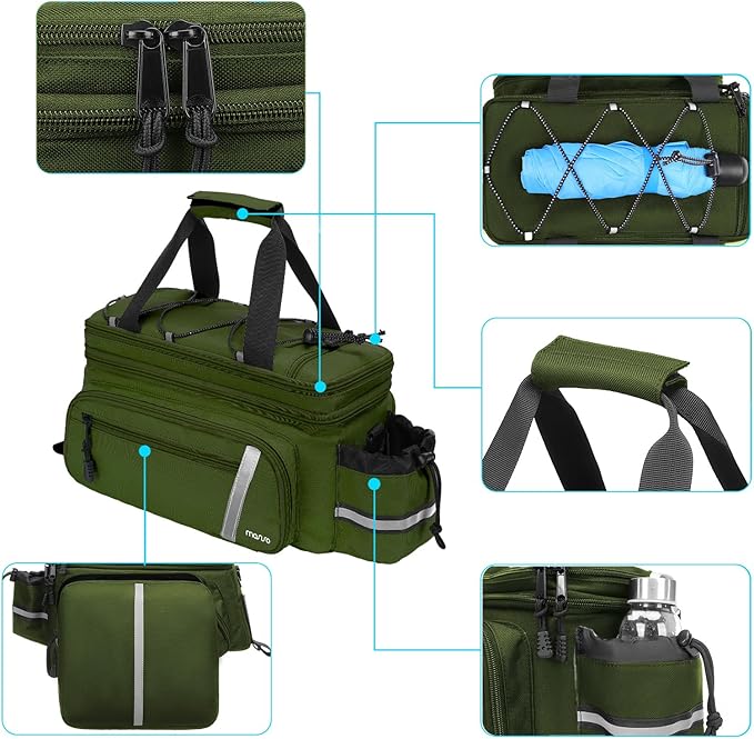 MOSISO Bike Rack Bag with Rain Cover, Bike Trunk Cooler Handag Insulated Bicycle Rear Seat Pouch with 2 Side Foldable Panniers, 8L Cycling Backseat Storage Cargo Saddle Shoulder Bag, Army Green