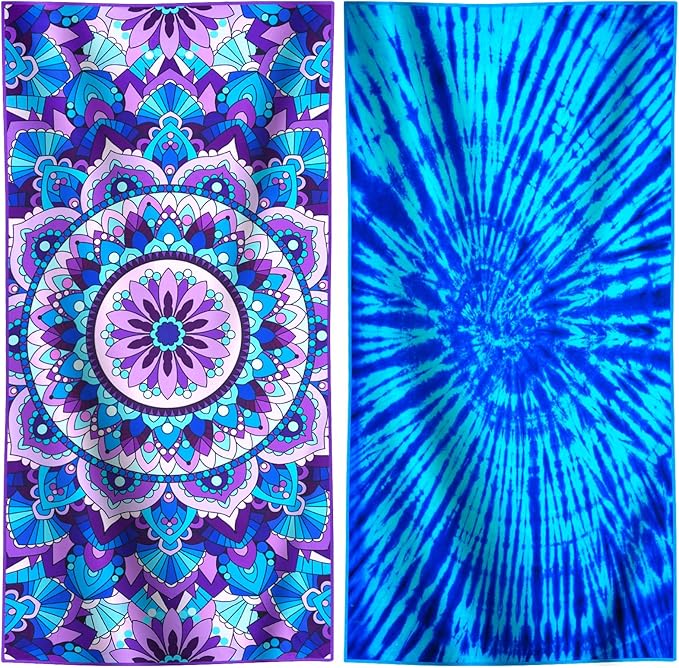 2 Packs Lightweight Thin Microfiber Beach Towel Oversized Quick Dry Compact Sandproof Clearance Towels Sand Free Camping Pool Easy Pack Travel Accessories Essentials Women AdultsPurple Flower Vortex