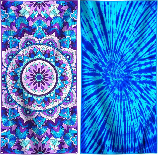 2 Packs Lightweight Thin Microfiber Beach Towel Oversized Quick Dry Compact Sandproof Clearance Towels Sand Free Camping Pool Easy Pack Travel Accessories Essentials Women AdultsPurple Flower Vortex