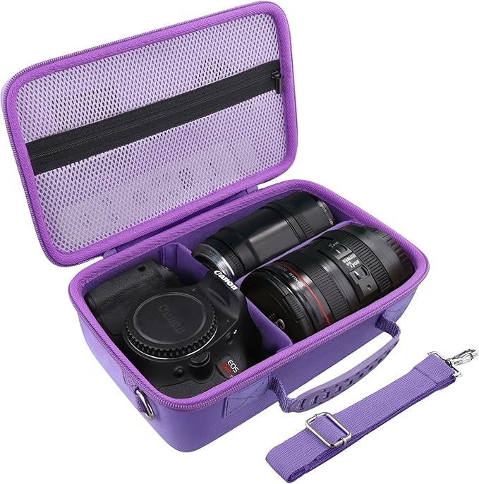 Camera Case Compatible with Canon EOS Rebel T7 / T100 / R50 / R100 / R5 / R6 Mark II / 90D DSLR Camera with 18-55mm Lens,Sony,Nikon DSLR Camera Protective Case with Shoulder Strap (Purple Case)