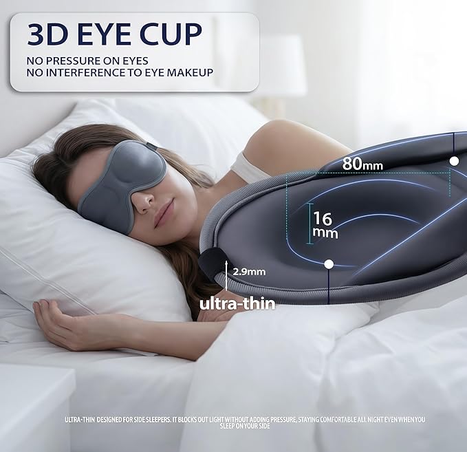 Ultra-Thin 3D Sleep Mask for Side & Back Sleepers, 100% Light Blocking Eye Mask for Sleep, Zero Pressure, Soft & Breathable Night Blindfold for Men & Women, Travel & Plane (Gray)