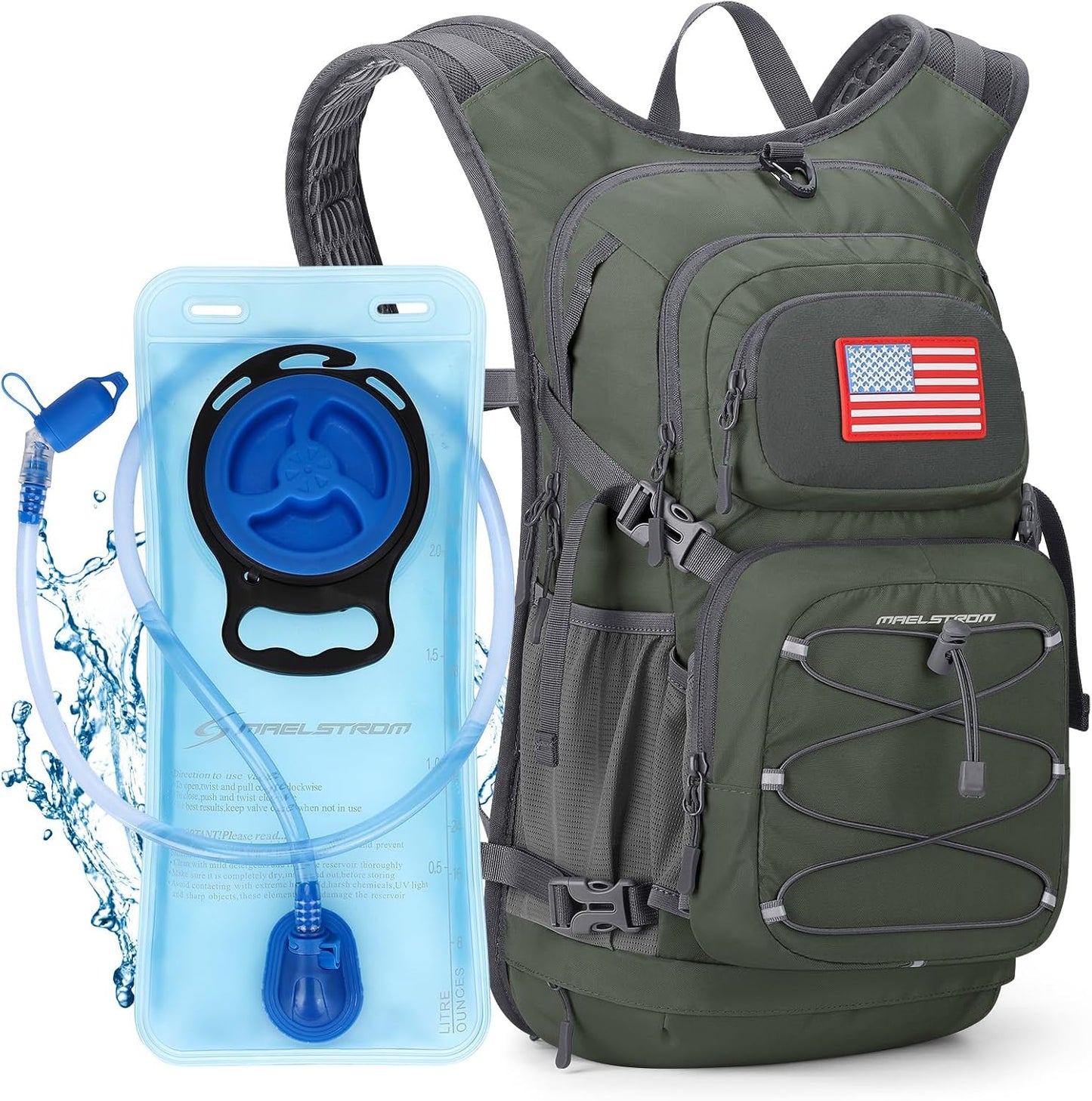 Maelstrom Hydration Hiking Backpack with 2L/3L Water Bladder, High Flow Bite Valve Camping Daypack Lightweight