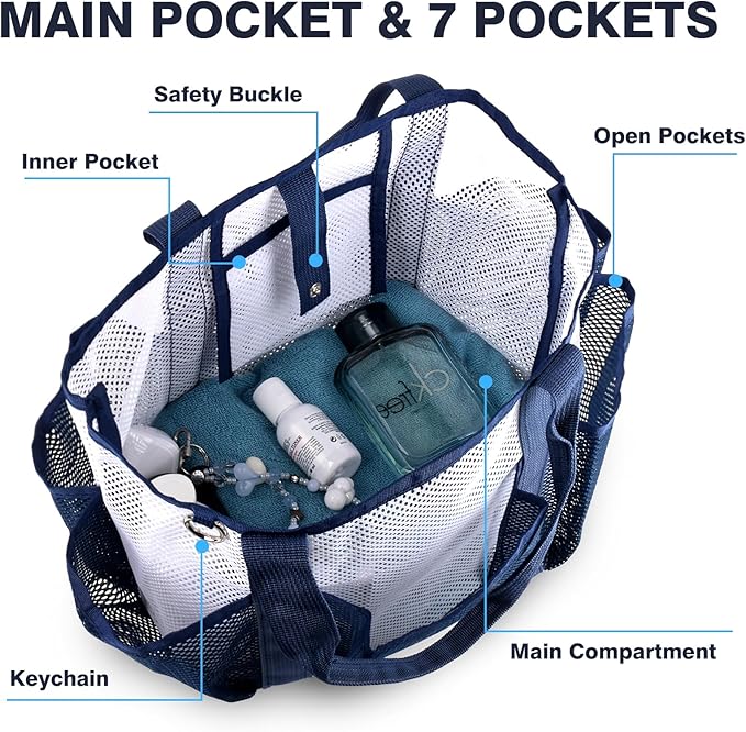 Genteen Mesh Beach Bag, Waterproof Lightweight, Beach Tote with Zipper Pocket for Family Pool Bag for Toys & Vacation Essentials-Blue