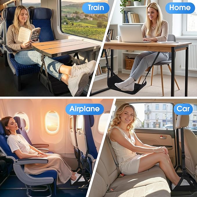 Airplane Foot Rest - Lightweight Foot Hammock for Plane Travel with Adjustable Strap & Thick Board, Tray Table Under Desk Footrest to Relax Feet, Travel Essentials for Long Flights(Black)
