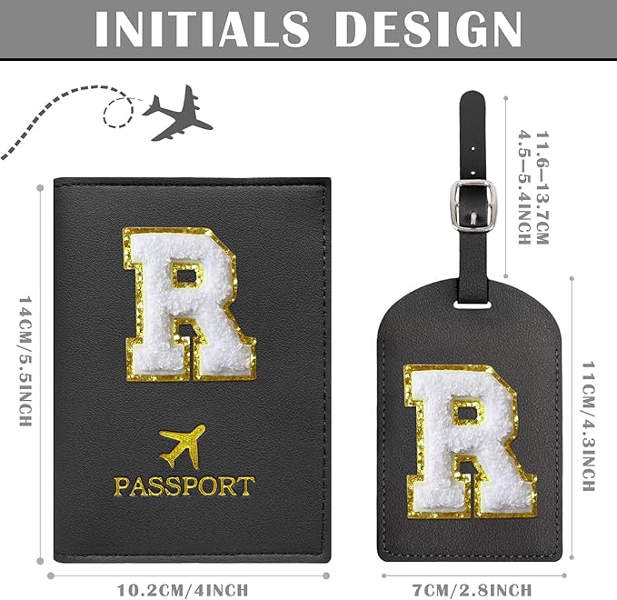 COSHAYSOO Black Passport Cover Holder and Initial Luggage Tag Set for Women Boys Girls Kids European International Travel Accessories Letter R