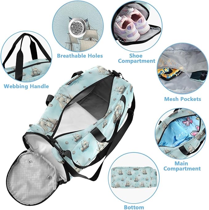 VIGTRO Nautical Ships Blue Water Kids Overnight Travel Duffel Bag Sport Gym Bag for Boys Girls with Shoe Compartment, Carry On Weekender Luggage Bag for Dance Swim Yoga
