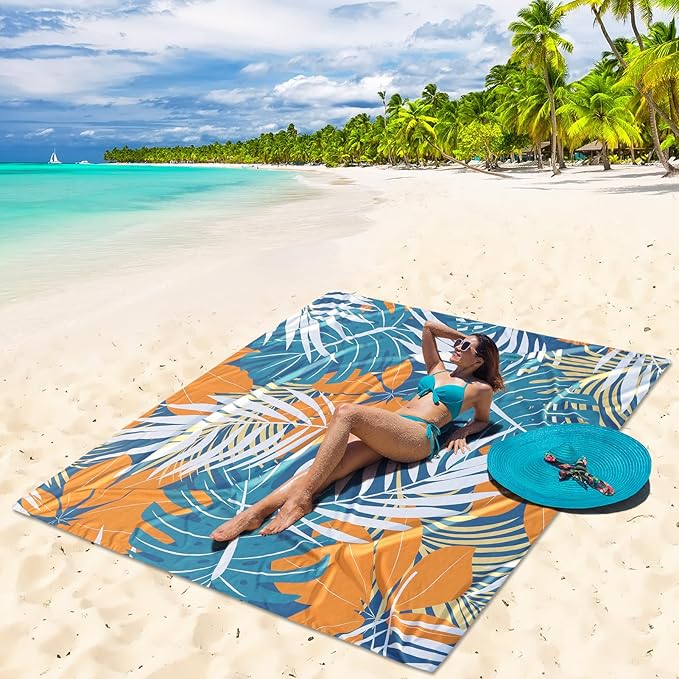 Beach Blanket Waterproof Sandproof Beach Mat for 1-8 Adults Quick Drying Durable Outdoor Picnic Mat for Beach Festival Travel Camping Hiking (BK&GN&O-Palm, 79"×83"(4 Person))