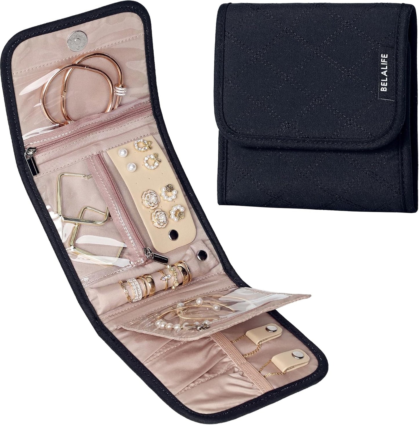 BELALIFE Travel Jewelry Case Organizer, Small Foldable Storage Roll for Earrings, Necklaces, Rings, Bracelets, Brooches, Black