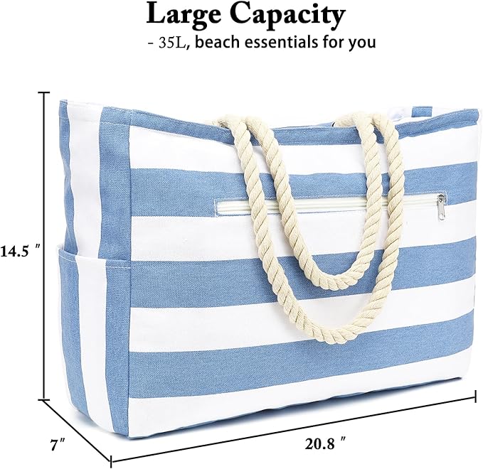 Large Canvas Beach Bag for Women, Beach Bags Waterproof Sandproof with Zipper & Wet Bag Cruise Essentials