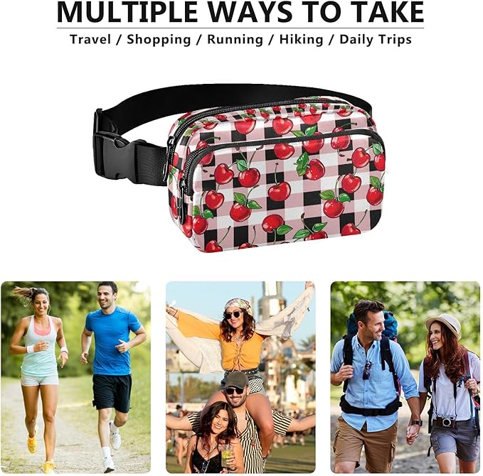 Cherry Red Checkered Plaid Fanny Pack for Women Men Water Resistant Fashion Waist Packs with Adjustable Strap Belt Bag for Travel Workout Jogging Hiking 21219405
