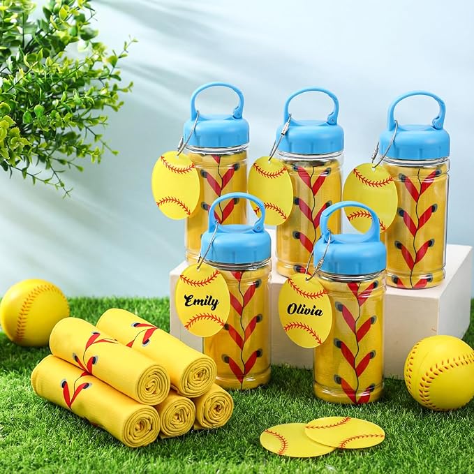 12 Pack Softball Cooling Towels with Softball Acrylic Luggage Tags, 40"x12" Breathable Chilly Ice Towel for Neck with Plastic Container, Sport Towel for Players Team Gift Sport Party Favors