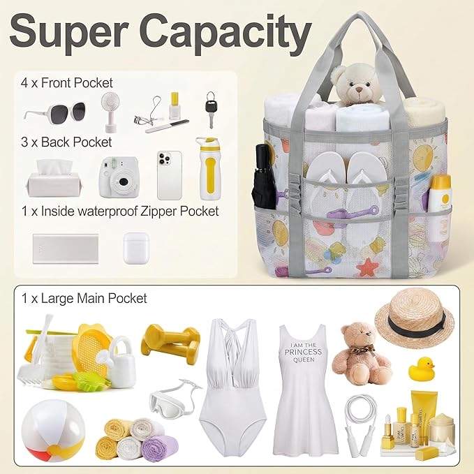 Mesh Beach Bags for Women - Family Beach Tote Bag for Toys, Towels, Travel Vacation Cruise Essentials