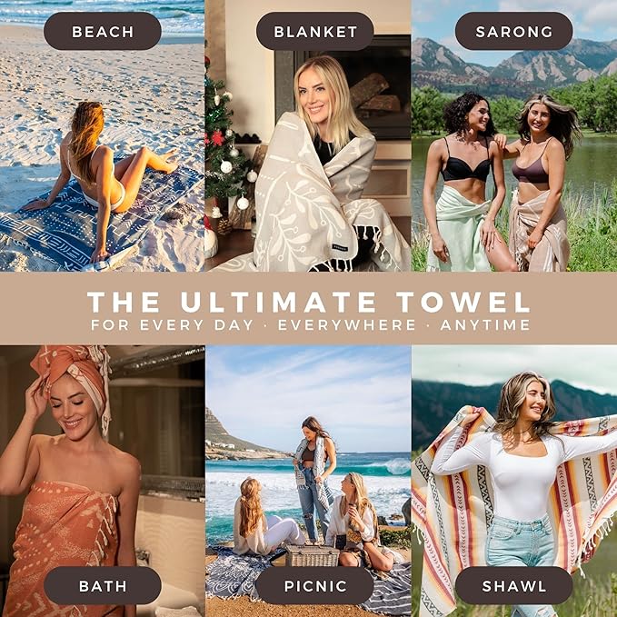 FESHKA Sand Proof Turkish Beach Towel – Oversized, Quick Dry & Lightweight Travel Towel - 100% Organic Cotton Beach Blanket - Perfect for Bath, Pool & Picnic | Native (Brown)